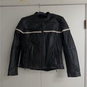 Black Leather Bilt Motorcycle Jacket with White Stripe